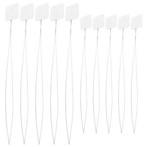 May include: A set of ten white rectangular tags, each attached to a long, thin, silver-colored metal wire loop. The tags are arranged in two rows, with five tags in each row, featuring a clean, simple design with a smooth, matte white surface.