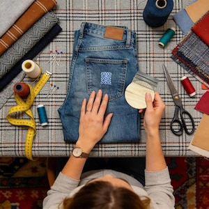 May include: A pair of blue denim jeans with a small blue and white patterned patch on the back pocket, surrounded by sewing supplies including a yellow measuring tape, spools of thread, fabric swatches, and a wooden darning loom tool.
