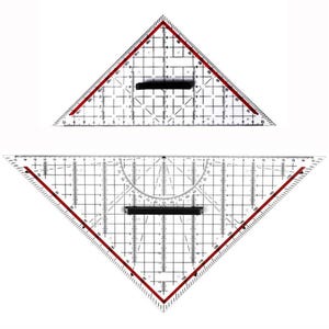 May include: Two clear plastic drafting triangles featuring black grid lines, red border accents, and integrated black handles. The tools display precise metric markings, including a protractor scale on the larger triangle, for technical drawing.
