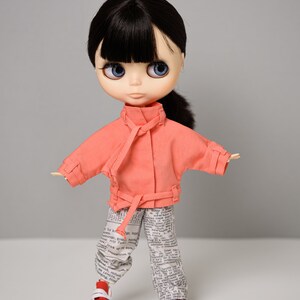 May include: A doll with black hair and blue eyes wearing a coral colored jacket and pants with a newspaper print.