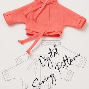 May include: A digital sewing pattern for a coral colored jacket with a tie closure. The pattern is shown on a white background.