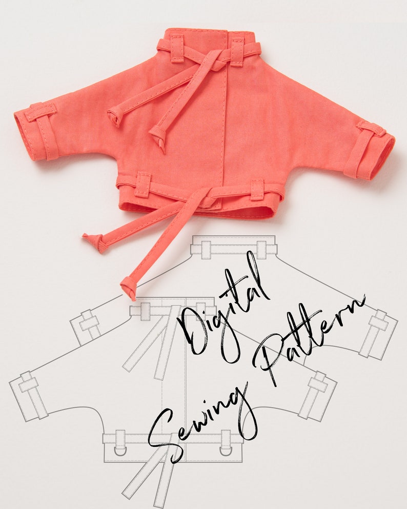 May include: A digital sewing pattern for a coral colored jacket with a tie closure. The pattern is shown on a white background.