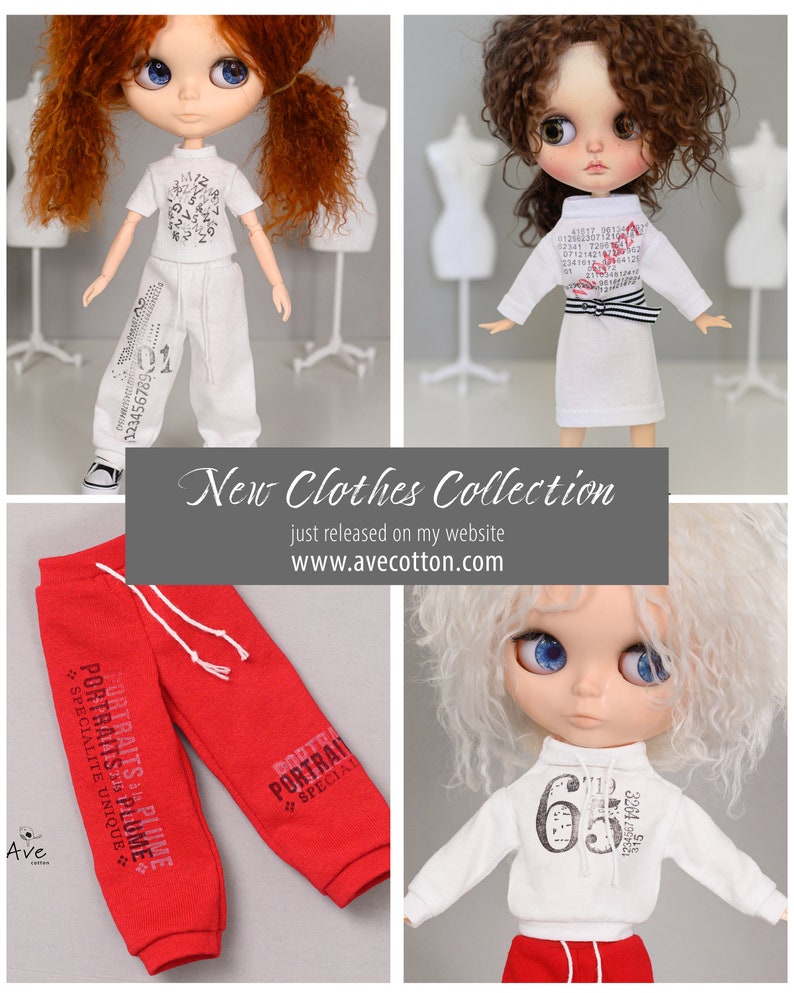 May include: A collection of doll clothes featuring a white t-shirt with black numbers, white pants with black numbers, a white dress with black stripes and red numbers, red sweatpants with black text, and a white sweatshirt with black numbers and text.