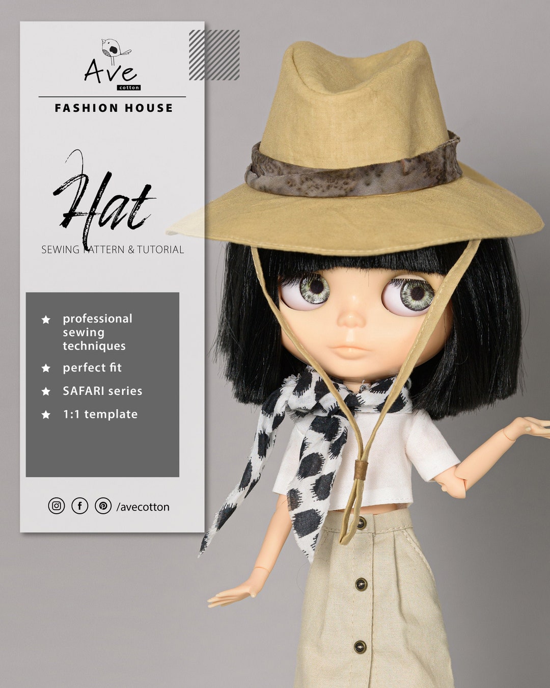 DOLL HAT Sewing Pattern TUTORIAL. Blythe Doll Clothes Sewing Pattern