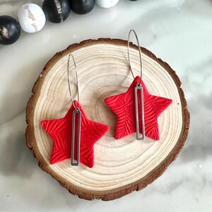 Red Star Polymer Clay Earrings; Red Star Earrings with Silver Emblement; Statement Star Earrings
