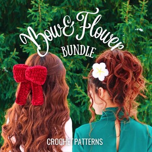 May include: Two crochet hair accessories, a red bow and a white flower, are shown on the heads of two women with long, curly, red hair. The text "Bow & Flower Bundle Crochet Patterns" is at the bottom of the image.