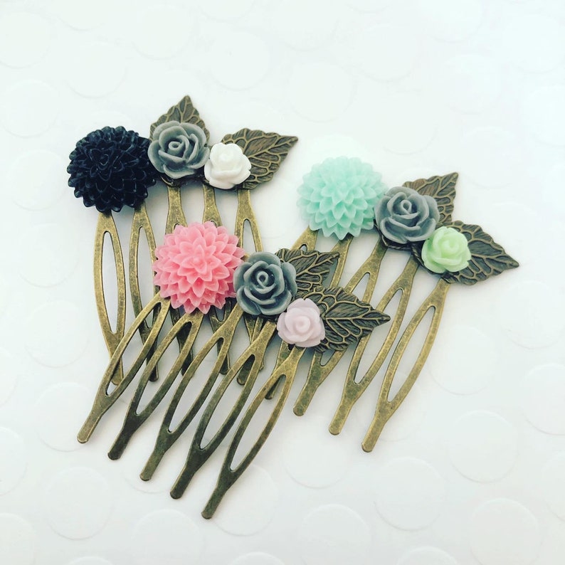 vintage boho made by hand ooak flowers in black pink and aqua FLOWER HAIR COMB petite brass comb and leaves antique bronze finish