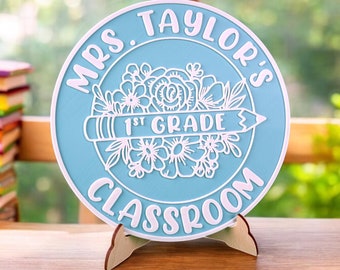 Personalized Teacher Classroom Sign, Custom Grade Decor with Stand