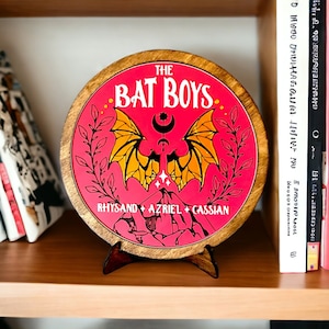 Bat Boys ACOTAR Sign Wooden Shelf Sitter Bookshelf Decor Rhysand Azriel and Cassian Bookish Gift with Gold Accents and Included Stand