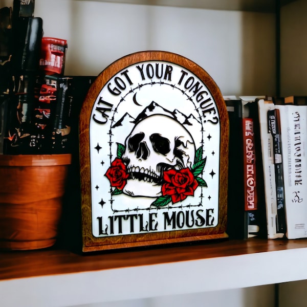 Haunting Adeline Bookshelf Sign Wooden Shelf Sitter with Stand Cat Got Your Tongue Little Mouse Skull and Roses