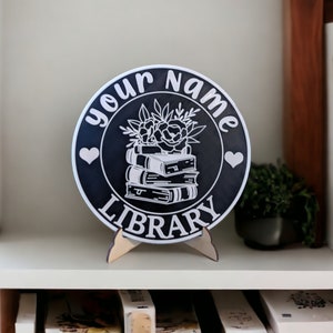 Name Library Sign Bookshelf Sign Personalized Color 3D Printed Bookish Decor for Book Nook with Stand, Book Lover Gift, Reader Gift Black