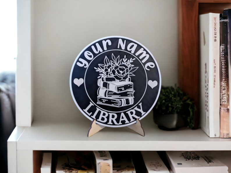 Name Library Sign Bookshelf Sign Personalized Color 3D Printed Bookish Decor for Book Nook with Stand, Book Lover Gift, Reader Gift Black