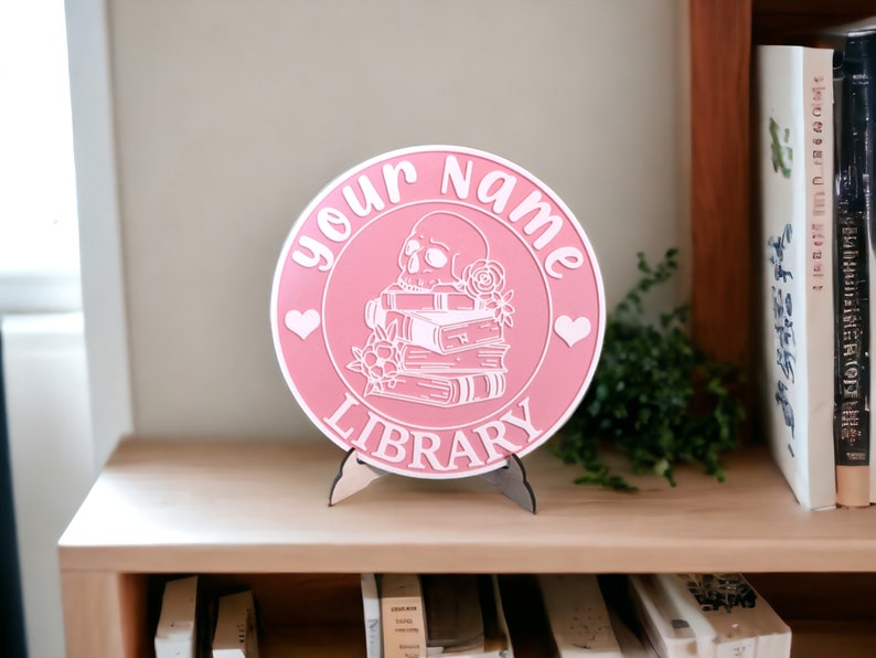 Name Library Sign Bookshelf Sign Personalized Color 3D Printed Bookish Decor for Book Nook with Stand, Book Lover Gift, Reader Gift Bubblegum Pink