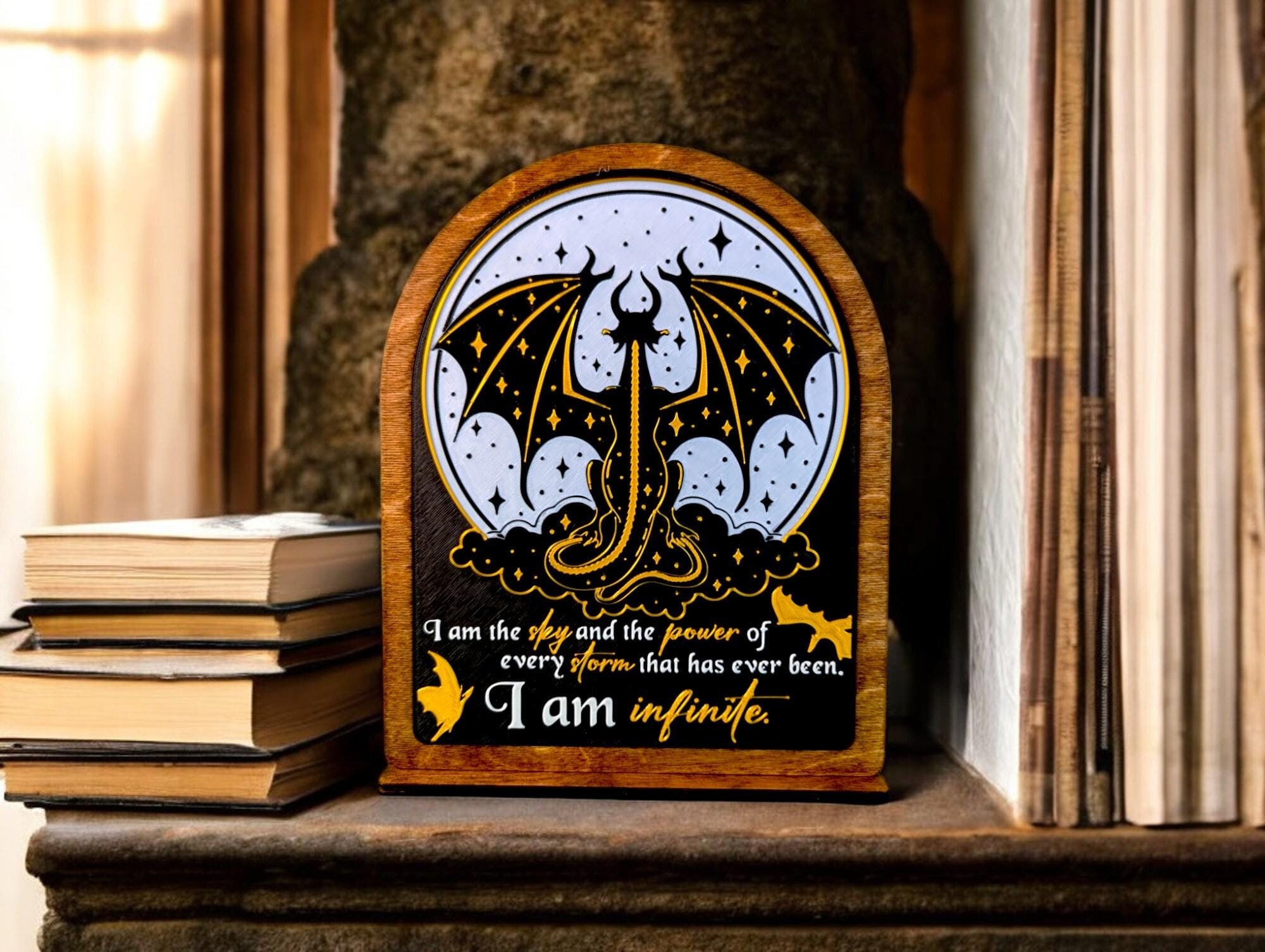 I am Infinite Fourth Wing Bookshelf Sign Wooden Shelf Sitter with Stand Bookish Decor for Xaden, Violet, Tairn and Andarna Lovers