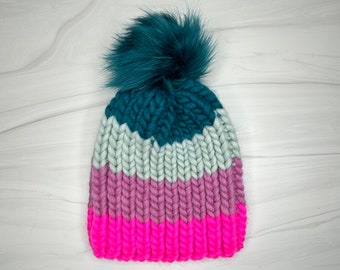 The Roxie II - 100% Merino Wool Chunky Knit Ribbed Colorful Striped Beanie with Large Blue Pom-Pom