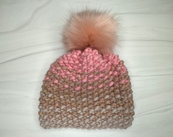 The Ombre 100% Merino Wool Chunky Knit Ombre Beanie with Large Pink Faux Fur Pom-Pom