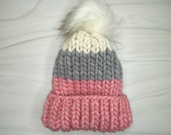 The Striped Fold Beanie - Chunky Knit Merino Wool Hat with White Faux Fur Pom Pom - Pink Grey White