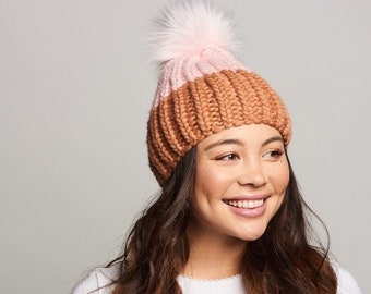 The Ryan- 100% Merino Wool Chunky Knit Ribbed Color-Blocked Beanie with Large Pom-Pom