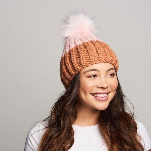 The Ryan- 100% Merino Wool Chunky Knit Ribbed Color-Blocked Beanie with Large Pom-Pom