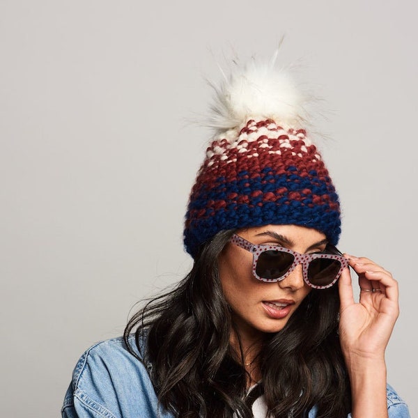 The Patriot- 100% Merino Wool Chunky Knit Ombre Beanie with Large Pom-Pom