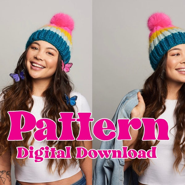 The Roxie Beanie - Knit PATTERN, Chunky Knit Winter Hat Pattern/Instant Download/Pom Pom Hat/Adult Winter Hat/Rib Stitch Pattern