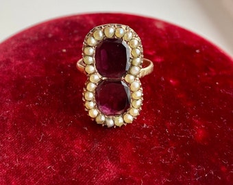 Georgian Garnet & Pearl Ring: Antique Gold Statement Ring, UK Size 6.25