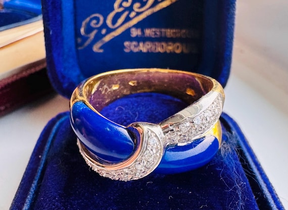 Vintage Signed CLV 18ct Gold Lapis Lazuli & Diamond Knot Ring – 8.4g – UK P / US 7.75  – Italian / European Designer