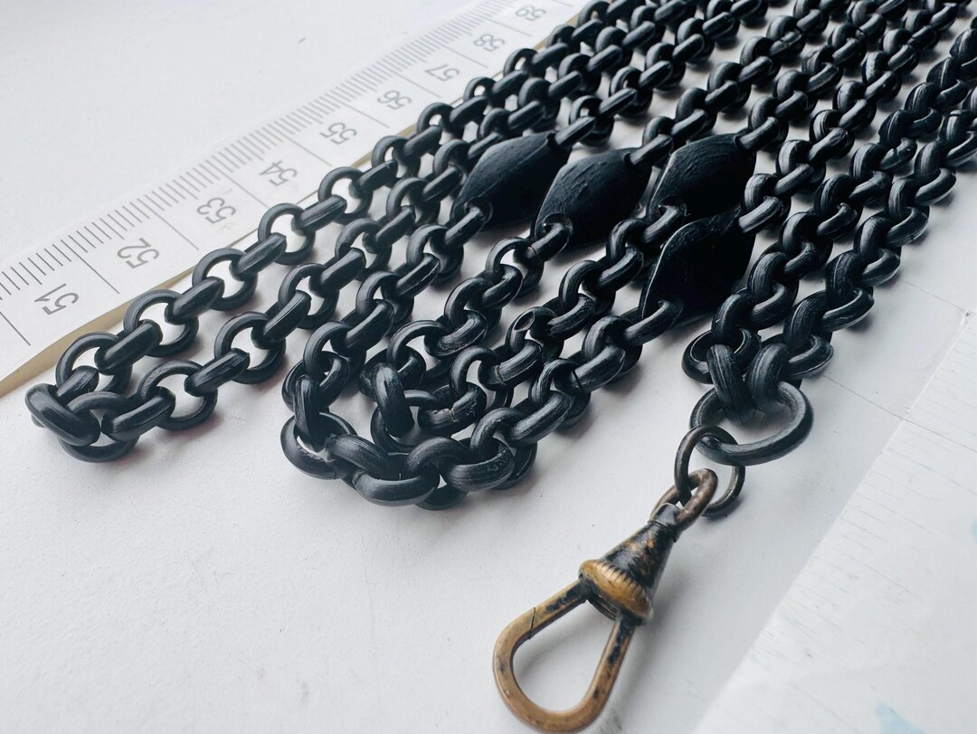 Victorian Bog Oak Long Guard Muff Chain – 60” Mourning Necklace With ...