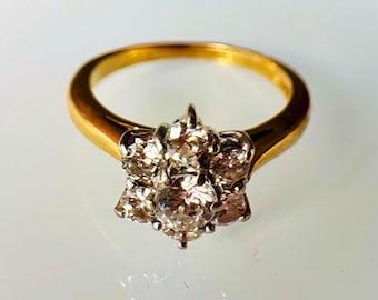 Elegante anillo vintage con diamantes en forma de margarita – Diseño de copo de nieve – Oro de 18 quilates – Talla K del Reino Unido / 5 (media talla) de EE. UU. – Totalmente contrastado