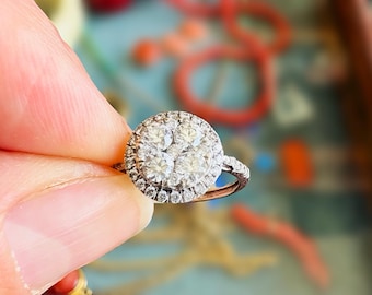 Vintage witgouden diamantclusterring – diamanten verlovingsring – Millgrain Shoulders – UK L 1/2 / US 6