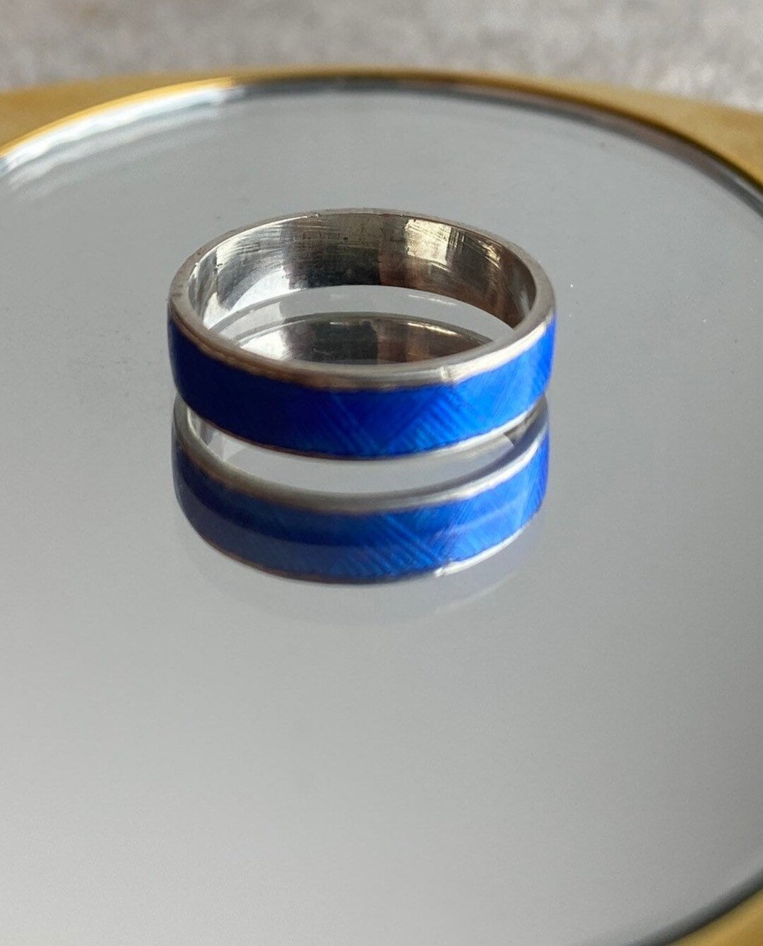 Cute Little Silver Ring Band W/midnight Blue Guilloche Enamel Etsy UK