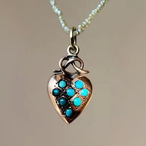 Stunning Antique Victorian Turquoise heart motif Pendant in 9ct carat rose gold
