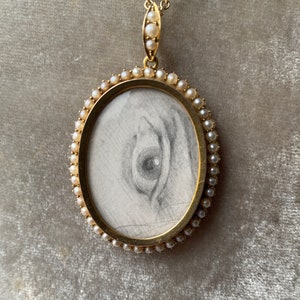 Antique fine pearl halo gold locket pendant w/ ‘Lover’s eye’ drawing image