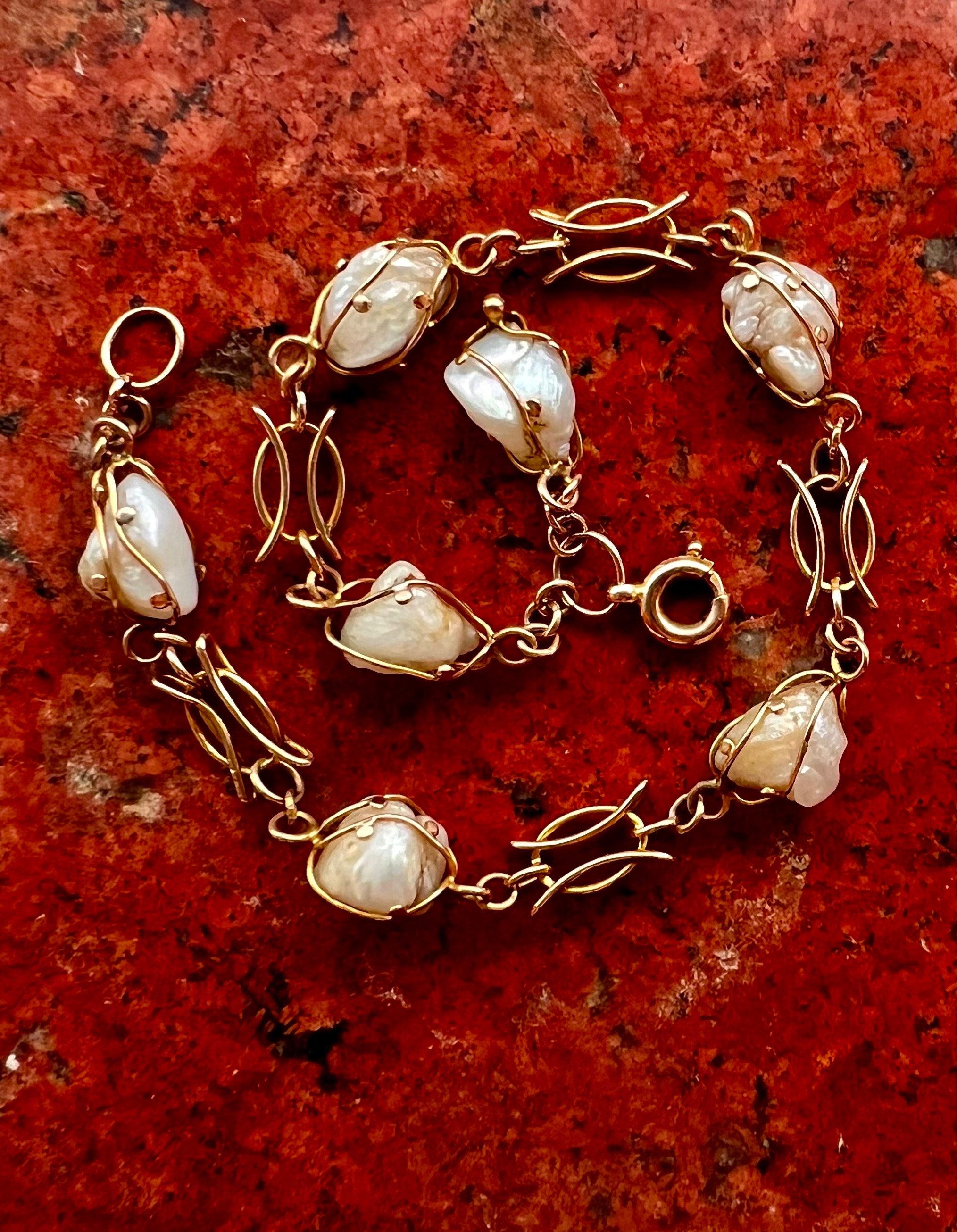 Exquisite Antique Baroque Pearl Gold Bracelet 8” or 20cm