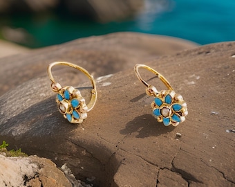 Antique French Belle Époque Dormeuse Earrings: Turquoise Enamel & Natural Pearls