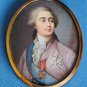 フランス貴族の肖像画ミニチュア – 帝政復古時代、ルジェの署名入り
