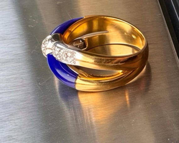 Vintage Signed CLV 18ct Gold Lapis Lazuli & Diamond Knot Ring – 8.4g – UK P / US 7.75  – Italian / European Designer View 4