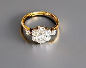 Stunning antique 18ct Gold Diamond Daisy Cluster Ring | Approx. 1ct Old Cut Diamonds | Flower Ring with Diamond Shoulders | UK N | US 6.5