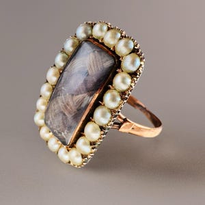 Antique Gold Mourning Ring • Pearl Halo & hair locket compartment• Georgian c.1815 • Inscribed with initials • brooch conversion