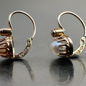 Antique French Belle Epoch dormuse latch back earrings with fine pearls in 18ct gold