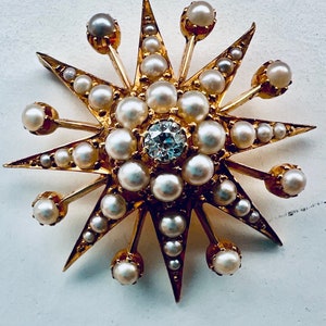 Victorian Antique Starburst Pendant Brooch with Old Mine Cut Diamond & Natural Pearls in 15ct Gold