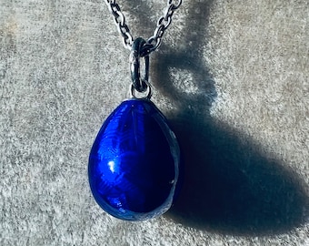 Antique Faberge style miniature Easter egg in navy guilloche enamel with Imperial period Russian silver hallmarks