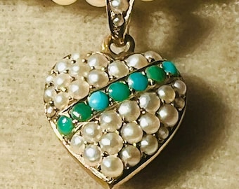 Stunning Antique Victorian  Pave-Set natural pearl Turquoise heart motif Pendant in high carat gold on original bail