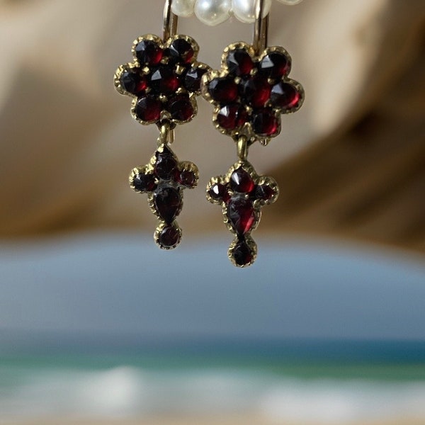 Antique rose cut Bohemian garnet drop dangling earrings on Shepard’s hooks in Tampak and 9ct gold