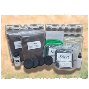 May include: A cricket and dubia roach breeding kit with peat moss, dirt, and a spray bottle. The kit also includes four black lids, a small jar of calcium powder, and a bag of cricket and dubia roach food.