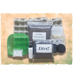 May include: A set of supplies for breeding dubia roaches, including a bag of peat moss, a bag of dirt, a container of egg cartons, a small container of calcium supplement, a spray bottle, and two black lids.