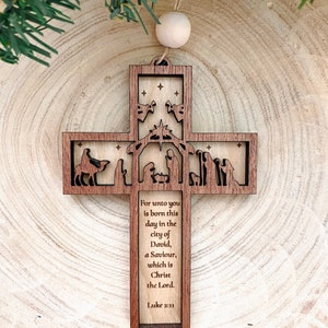 Wooden Nativity Scene Scripture Cross- Laser cut, engraved, Christmas, ornament