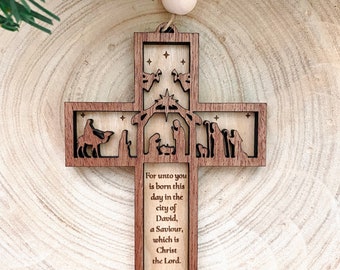 Wooden Nativity Scene Scripture Cross- Laser cut, engraved, Christmas, ornament