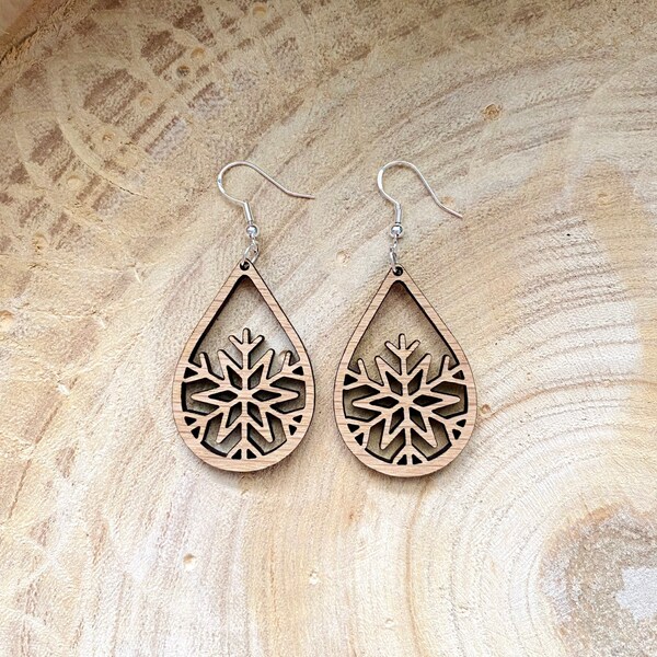 Wooden Teardrop Snowflake Earrings- white oak, rustic, holiday earrings, winter earrings, christmas earrings, gifts