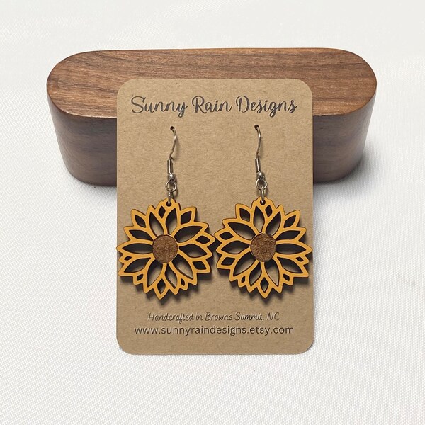 Sunflower Earrings- Wooden, Laser cut, Boho, Fall, Halloween, Summer, Flower, Yellow, Mustard, Autumn